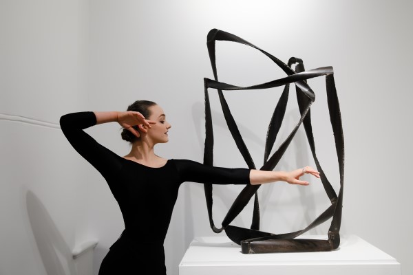 Georgia Powley, against the sculpture Lotus 2018 by James Rogers, at the Drill Hall Gallery.Photo credit Art Atelier.